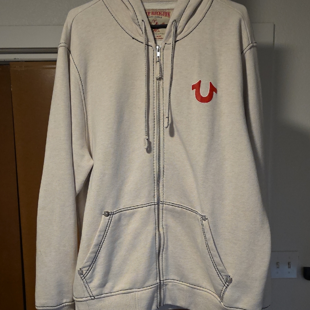True Religion Off-White Zip-Up with Red Emblem